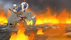 Chama, Furaha, and Mzaha rescue Makini and Rafiki from a fire.