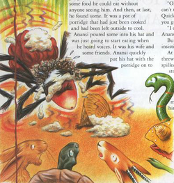 Anansi throws off his hat, revealing the food he was stealing while pretending to fast.