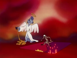 The meerkat angel prepares to send Timon to Hell.