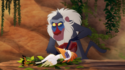 Rafiki tends to Ono in the Lair of the Lion Guard.