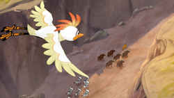 Ono navigates Kion through a canyon as floodwaters close in.