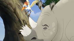 Ono helps dislodge Kifaru's horn from a tree.