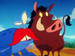 Bruce and Pumbaa watch Timon flee.