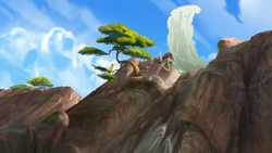 Kion uses the Roar of the Elders to stop zebras from falling off Maji Baridi Falls.