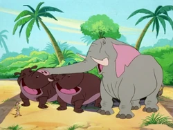 Ned and his henchmen laugh at Pumbaa's new appearance.