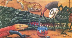 Anansi paints the crocodile's teeth.