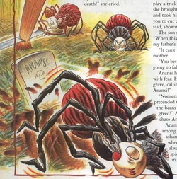 Anansi springs from the grave in order to avoid being crushed by a fallen tree.