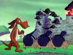 The foxhound lays siege to the castle Timon and Pumbaa are hiding in.
