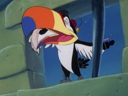 Toucan Dan taunts Timon and Pumbaa for being stuck in jail.