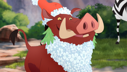 Pumbaa dresses up as Dandy Claws for a Christmas celebration.