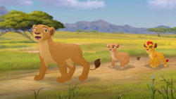 Nala leads her cubs, Kiara and Kion, on the Trail to Udugu.