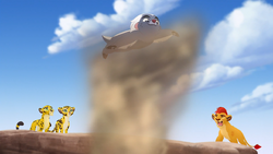 Kion uses the Roar to create a twister to help his team cross a ravine.