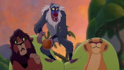 Rafiki encourages Kovu and Kiara to fall in love during the "Upendi" sequence.