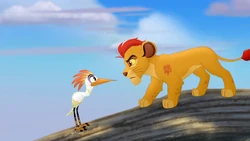 Ono attempts to stop Kion from crossing a fallen tree.