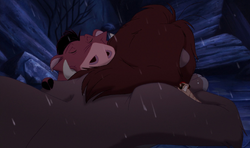 Simba embraces Timon and Pumbaa before his coronation.