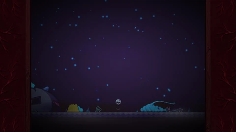 Brad standing center screen, facing the camera. The sky is dark and full of stars. To his left, his house is slightly visible, with what appears to be the remains of a small lumpy blonde Joy Mutant in front of it. To the right, a very oblong and lumpy mutant lays on the ground, with one long skinny arm holding a garden rake.