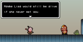 Buddy standing across from Buzzo in a bare landscape. Buzzo is near death, blood covering his face and body, and one of his arms being cut off at the shoulder. Text is on screen, with Buddy saying "Maybe Lisa would still be alive if she never met you