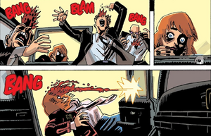Mrs. Fairweather is shot and killed by a telekinetic bullet after they gun down her men.