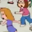 A girl with a blue dress get hit with a dish by Meg Griffin