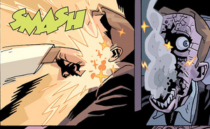 Mr. Hollingstone is revealed to be a robot upon being killed by Perseus with a punch.