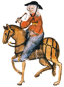 Image of the Wife of Bath from an early manuscript of The Canterbury Tales, now in the Huntington Library, San Marino, California.