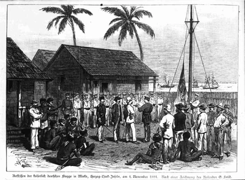 A German colonial settlement in New Guinea in 1884.