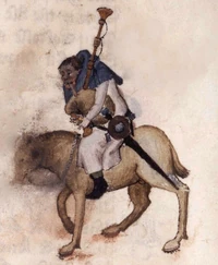 The Miller as depicted in an early manuscript of The Canterbury Tales. The manuscript is now in the Huntington Library, San Marino, California.
