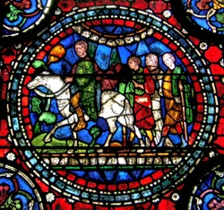 13th century stained glass window from Canerbury Cathedral which depicts pilgrims on their way to the city.