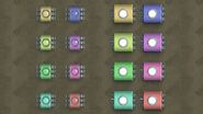 The eight colours of Magnetic Keys from LittleBigPlanet, alongside the equivalent Tags in LittleBigPlanet 2.