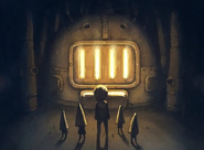 Concept art of some Nomes with the Runaway Kid staring at a furnace.