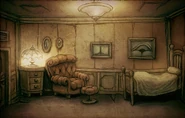 A small painting of a bedroom in the Residence.