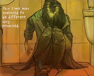 Myra hides in the bathroom.