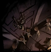 The children trying to escape through a door, but it's locked.