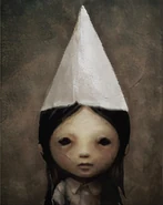 A painting of a female Bully with a dunce cap.