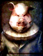 Scrapped portrait of a humanoid pig.