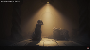 A Dweller in a room where Monster Baby peeks through a hole.