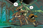 The boy and his remaining friends running from the monster.