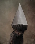 A painting of a male Bully with a dunce cap standing up.