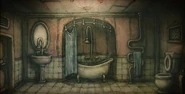 A small painting of a bathroom in the Residence.