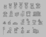 Concepts for toys, one of which being a humanoid frog (bottom row).