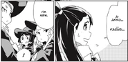 Akko answering Avery's inquiry about who she is while Hannah and Barbara watches