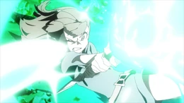 Akko projects a blast of magical energy from Shiny Rod