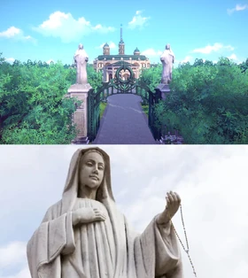 Comparison between Luna Nova Main Gate's Virgin Mary statues and Virgin Mary Statue at outside the Pfarrkirche St