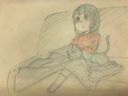 Young Akko with her cat getting cozy at a couch by Kengo Saitō
