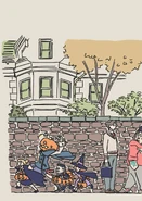 Awkward Akko in jack-o-lantern mask alongside young trick-or-treaters with Andrew and Cafe Proprietor on the background by Yusuke Yoshigaki