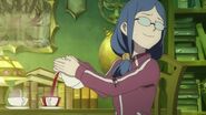 Ursula awkwardly responds to Akko's Chariot-related questions while overflowing her cup of tea LWA 11