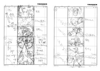 Storyboard of scenes of Ancient Dragon growing larger from being bombarded by Luna Nova students' spells and Akko performing Shiny Arc against the same creature