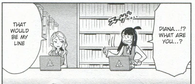 Diana and Akko using laptop at Luna Nova Library in Terio Teri manga