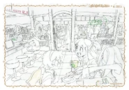 Luncheon Mat featuring Little Witch Academia characters as staffs and customers of a restaurant with Brand New Animal characters in the background