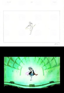 Rough sketch and finalized scene of Shiny Chariot's magical performance